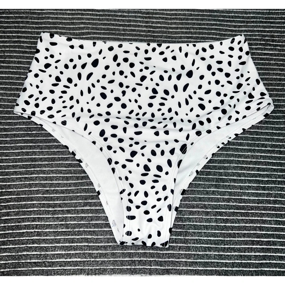 SHEIN Womens High Waisted Dalmatian Print‎ Bikini Bottoms XL White Black Spotted